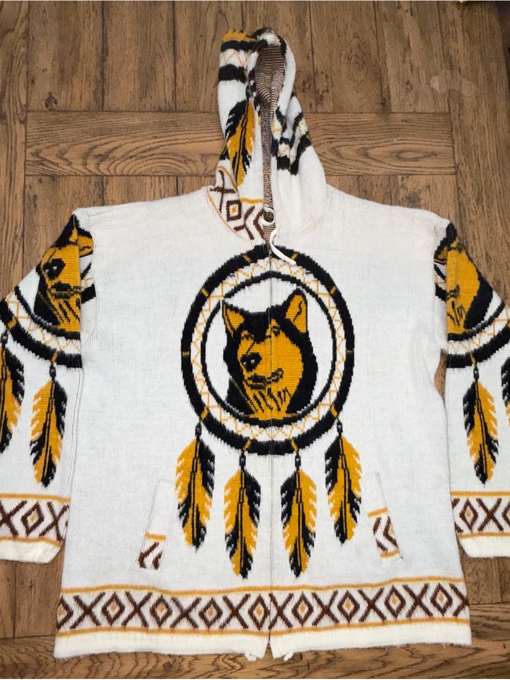 Vintage 90s Tejidos Imalaya Wool Wolf Dreamcatcher Hooded Full Zip Sweater L/XL - Picture 9 of 12